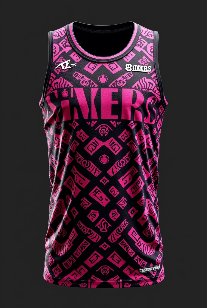 create a basketball jersey design for men with these details please:

team name: sixers
colors: black and pink
looks: hieroglyphics design
font style: modern text
logos: no logo is fine
front part of the jersey only