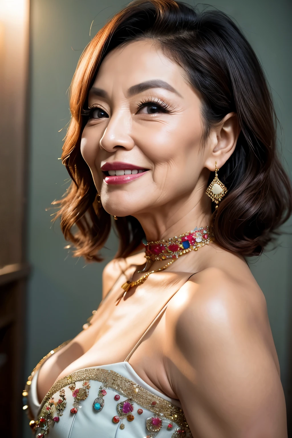 75 years old　Mom　MILF　Korean, Lady　large earring　Big choker　navel piercing decoration　A bracelet　realisitic　Gorgeous Madame Beautiful Mature Woman　sexy　Smile　Gentle woman navel piercing　４K　High quality　横から　ラテックススーツ