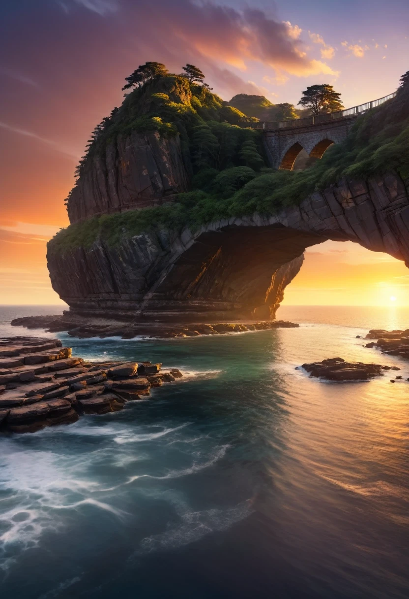 Aerial view of rocky landscape,Bridge across the water, Gorgeous background, Beautiful and natural rim light, Mysterious environment, Nature Wallpapers, Artistic 4K, an Stunning scenery image, Amazing depth, Beautiful wallpapers, Stunning screensaver, Ocean and rocky landscape, Stunning scenery, Stunning scenery, Rock Arch, breathtaking composition, Amazing wallpapers, nice environment, Sunset