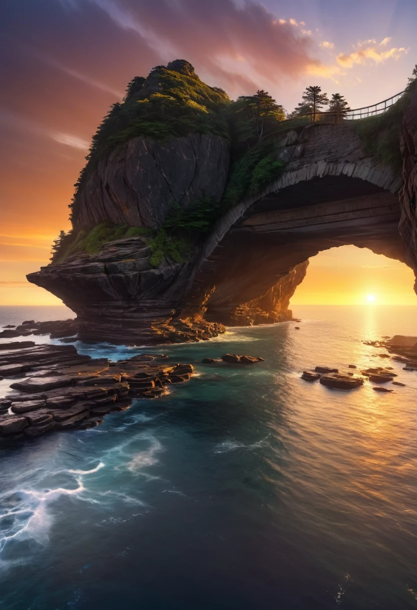 Aerial view of rocky landscape，Bridge across the water, Gorgeous background, Beautiful and natural rim light, Mysterious environment, Nature Wallpapers, Artistic 4K, an Stunning scenery image, Amazing depth, Beautiful wallpapers, Stunning screensaver, Ocean and rocky landscape, Stunning scenery, Stunning scenery, Rock Arch, breathtaking composition, Amazing wallpapers, nice environment, Sunset
