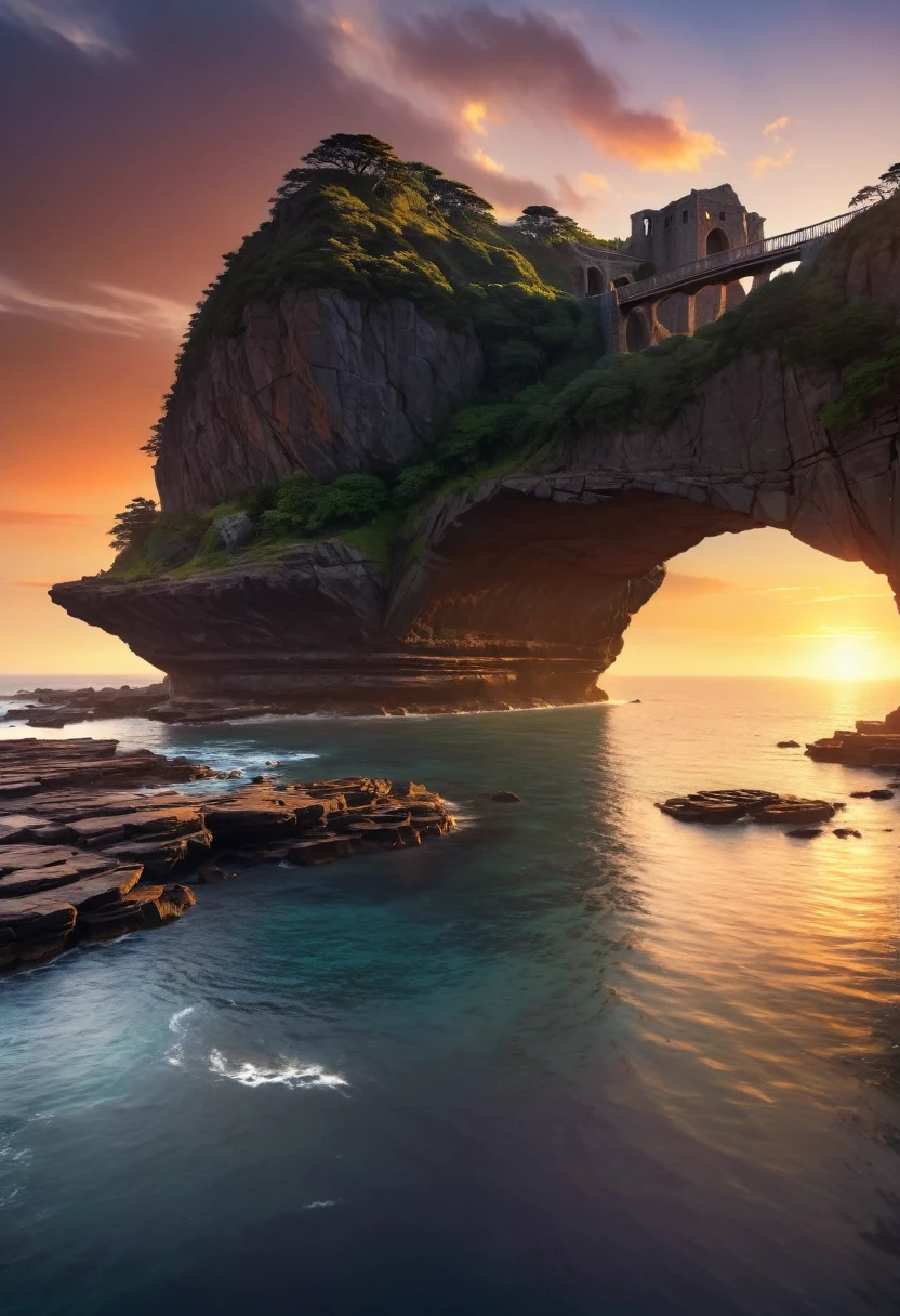 Aerial view of rocky landscape，Bridge across the water, Gorgeous background, Beautiful and natural rim light, Mysterious environment, Nature Wallpapers, Artistic 4K, an Stunning scenery image, Amazing depth, Beautiful wallpapers, Stunning screensaver, Ocean and rocky landscape, Stunning scenery, Stunning scenery, Rock Arch, breathtaking composition, Amazing wallpapers, nice environment, Sunset