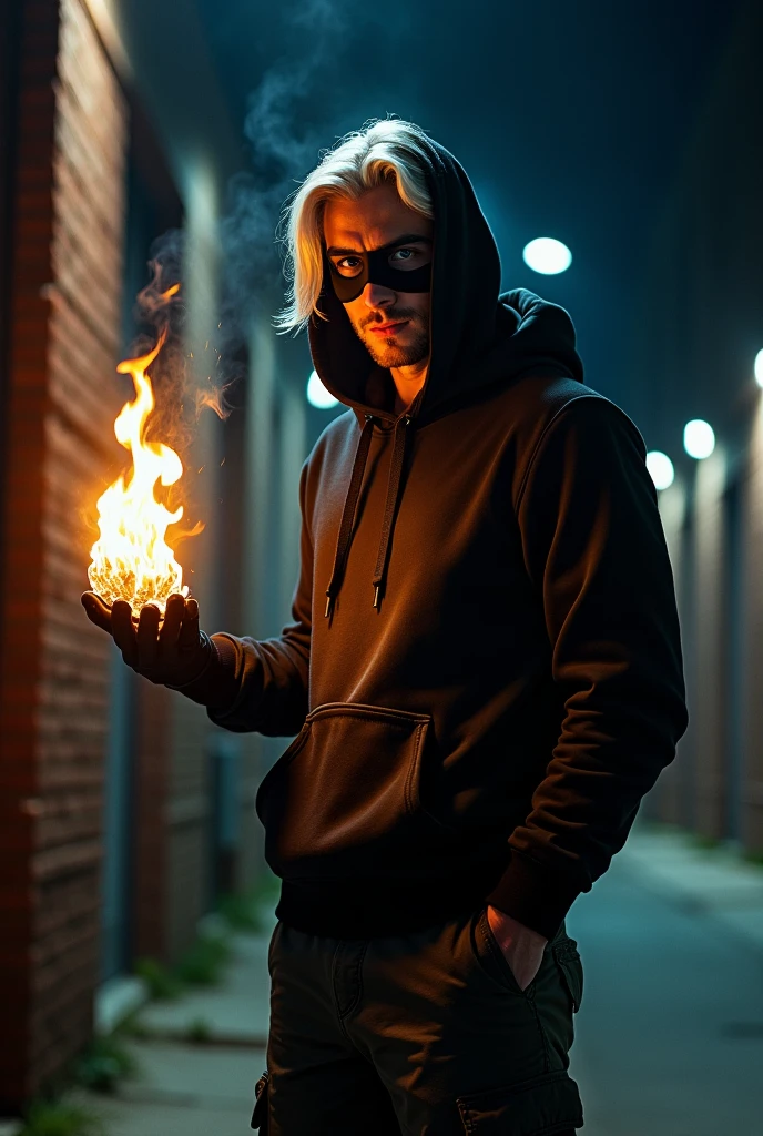 A misterious superhero. He wear black clothes: cargo pants, hoodie with large hood on his head and gloves without fingers. He has white really long hair and he's handsome. He has no beard, with clean face, with no facial hair.  The hood cover his face in half but I can see smile on his face. He has black mask covered his eyes. In his hand he's playing with fire between his fingers. He looks a little like Rhaegar Targaryen.