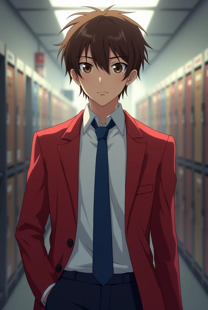 ayanokouji kiyotaka, 1boy, solo, male focus, brown hair, brown/yellow eyes, closed mouth, school uniform, red jacket, open jacket, blue necktie, white shirt, hallway, indoors, upper body, looking at viewe