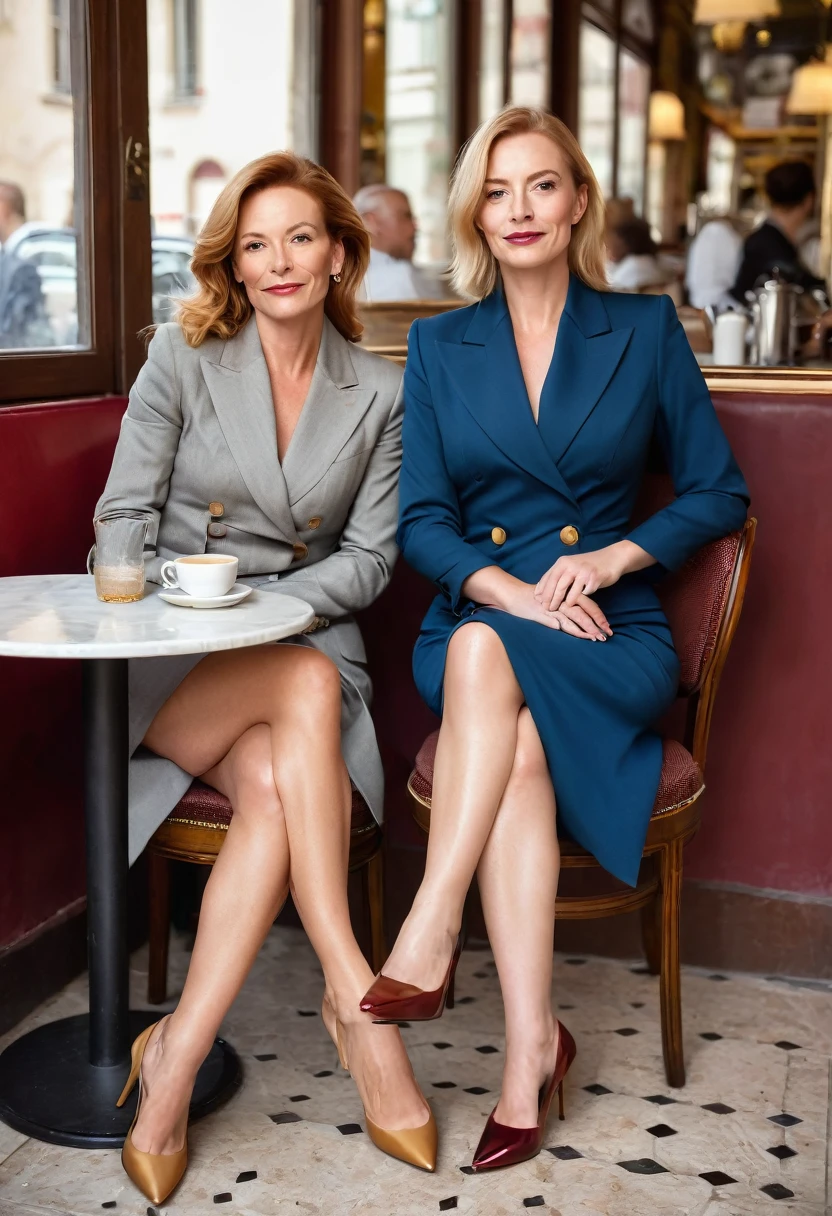 Portrait réaliste de 2 femme bourgeoise mince de 45 ans et 35 ans. belle femme chatain et blonde. peau bronzée. cheveux courts droit. portant un chemisier et un tailleur. jupe. Des talons, jambes avec bas. Dans un café. Assise à côté d'une autre femme bourgeoise, rousse, 35 ans portant tailleur bourgeois aussi. Elles se regardent avec séduction. couple lesbien discret. portrait de biais, on doit voir de la tete au pieds.