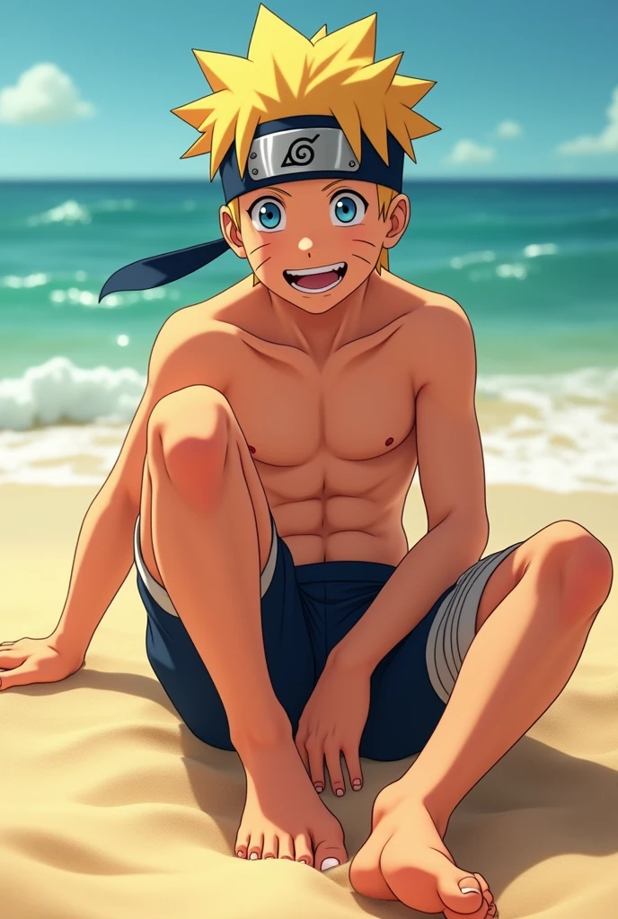 Animated image showing realistic HD texture style of Naruto Uzumaki barefoot showing sole of feet from below close to camera Sitting on beach smiling shirtless Showing 2 feet below 5 toes on each foot Showing six pack Showing sole of foot Showing details of perfect feet Showing lighting on feet Showing realism of sole of feet without toenails


