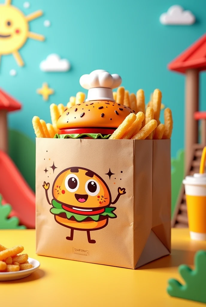 Create a happy meal or a kraft paper bag with the Shogys logo and its name that you think is advisable as a surprise hamburger box. It should not have the McDonald's logo but the Shogys logo.