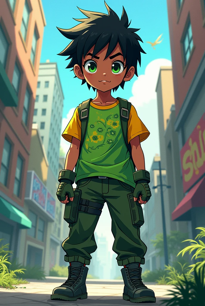 An anime style boy with dark skin, green eyes, black hair, green and yellow shirt, green tactical pants, military boots and gloves