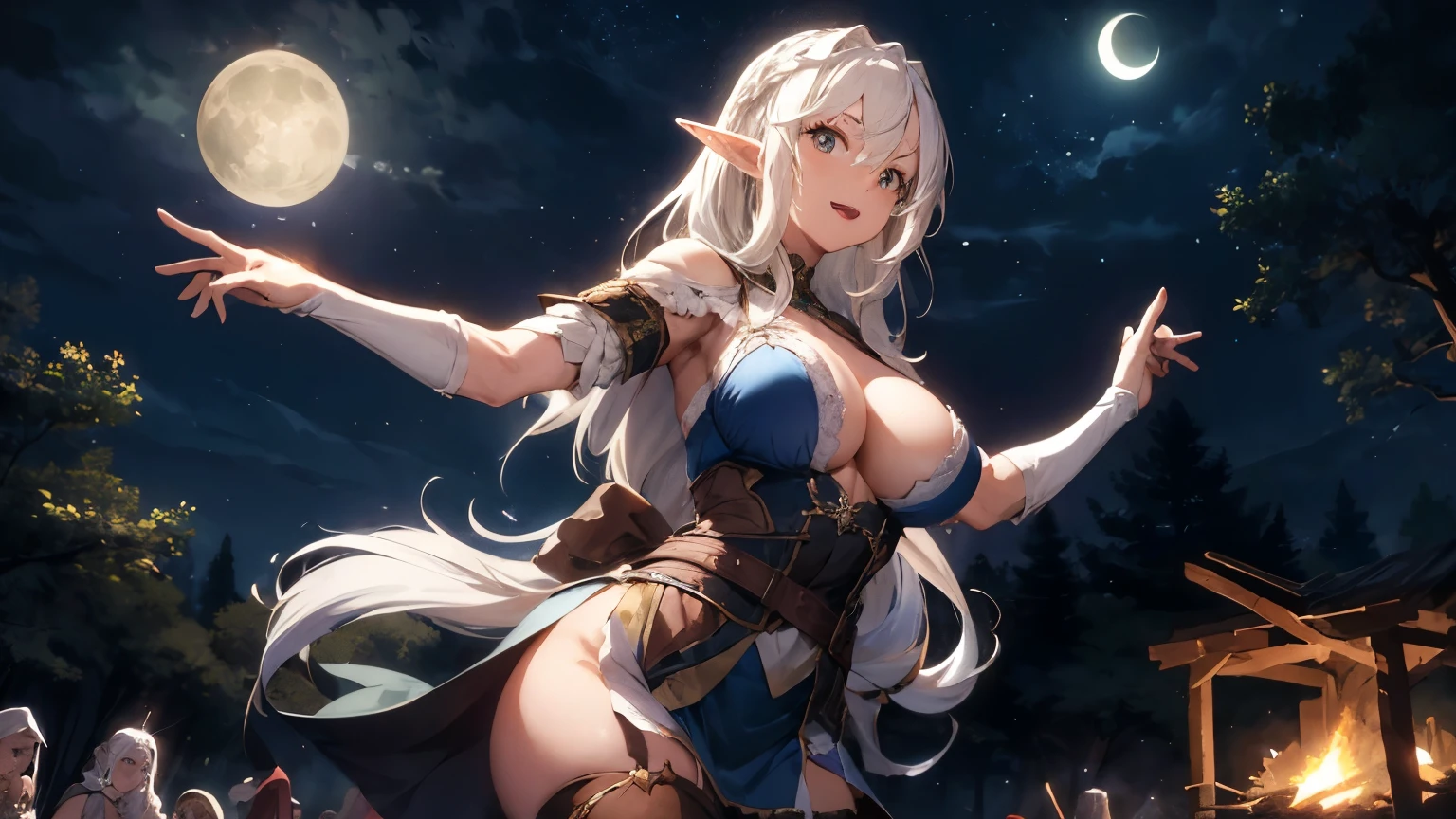 sexy and big breast elf woman with white hair, wearing medieval dress having fun dancing around the campfire with crowd under the moon light at the center of medieval forest at midnight.