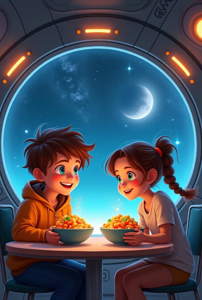 There is a boy and a girl are eating papaya salad on space station together with joygul