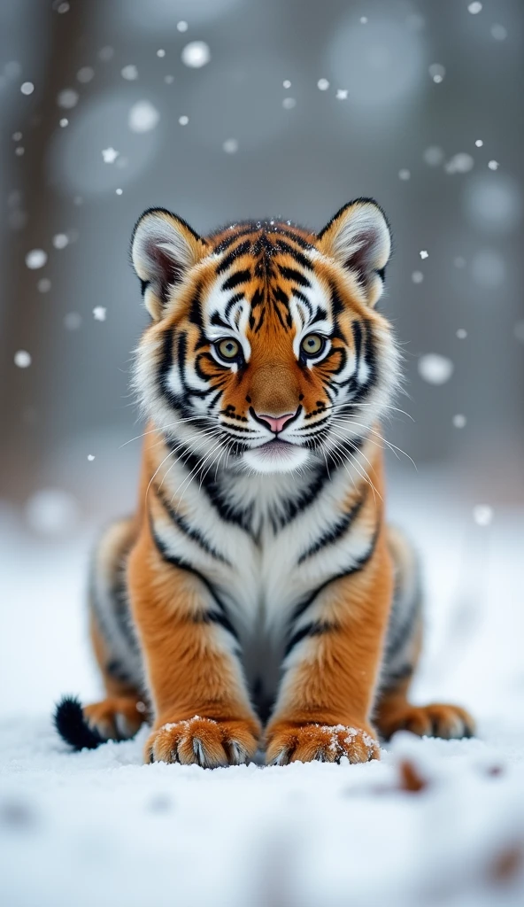 Create a super cute little tiger, sit on the floor，Cute big belly，Big bright eyes, Fluffy, Delicate and exquisite, Snow background，Real version of tiger cub