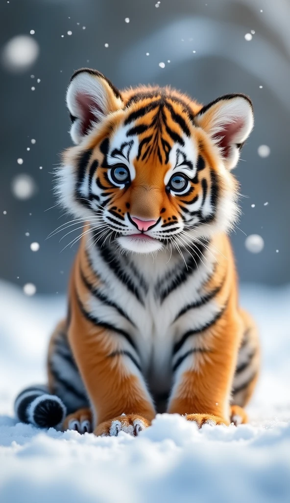 Create a super cute little tiger, sit on the floor，Cute big belly，Big bright eyes, Fluffy, Delicate and exquisite, Snow background，Real version of tiger cub