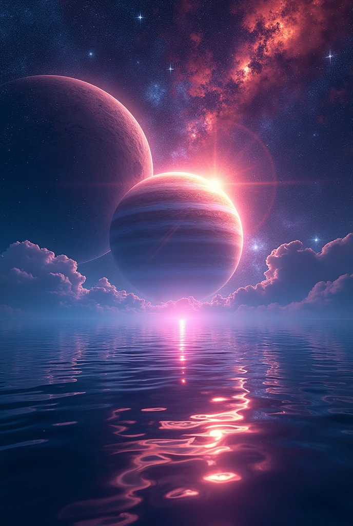 space view from water neon stars and jupiter like planets and neon moon half out of water