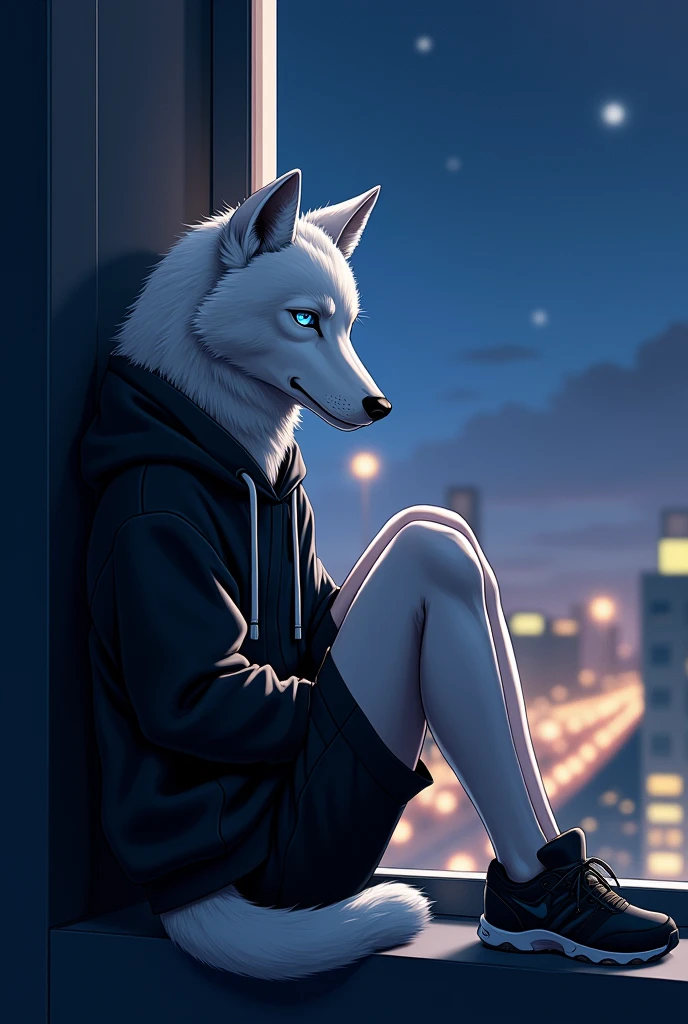 embedding:white wolf, male,blue eyes,Single person,on the side,gentle and quietcity,Look outside,Outside is the city,Black windbreaker,Black shorts,Black sports shoes,Alone,sit on a chair,happy,night,Artistic tones,Stand by the window.The highest quality of scene detail,teenager,have no muscle,Best quality hands, best quality eye,detailed fur,Delicate eyes.Extreme picture quality,by sollyz,by zixiong,by milkytiger1145.