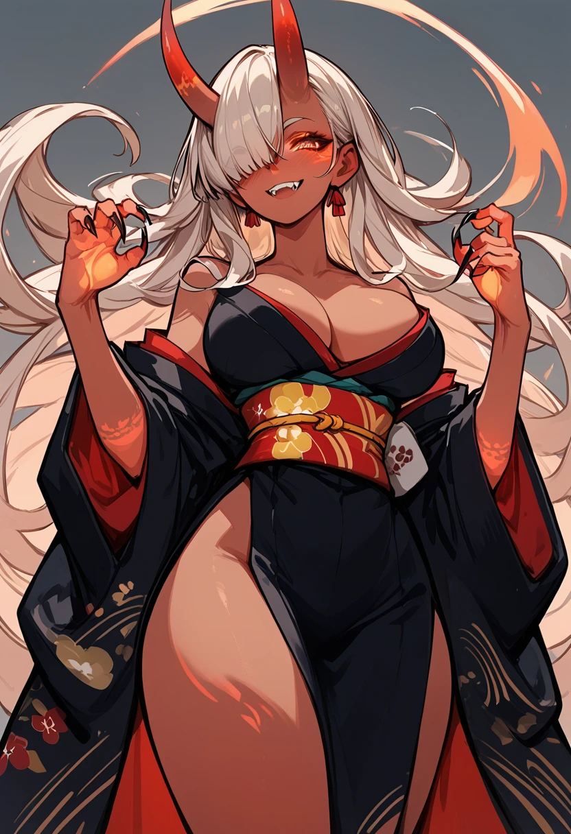 1girl, solo, oni girl, japanese kimono, large breasts, Black oiran's kimono, bare shoulders, Cleavage, Demon Horns, sharp claws, tooth, dark skin, long hair, athlete, bangs, hair over one eye, bare thgihs, ((erotic posing)), erotic smile, (nose blush), ((Glowing Skin)), from below,