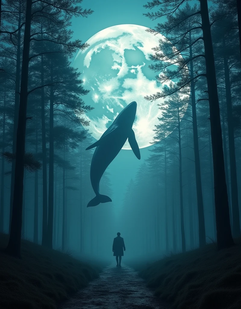 Masterpiece, best composition, fantastic, cinematic, surrealism, cinematic light, in the forest, big moon, slightly bluish, whale drifting in the air, silence.