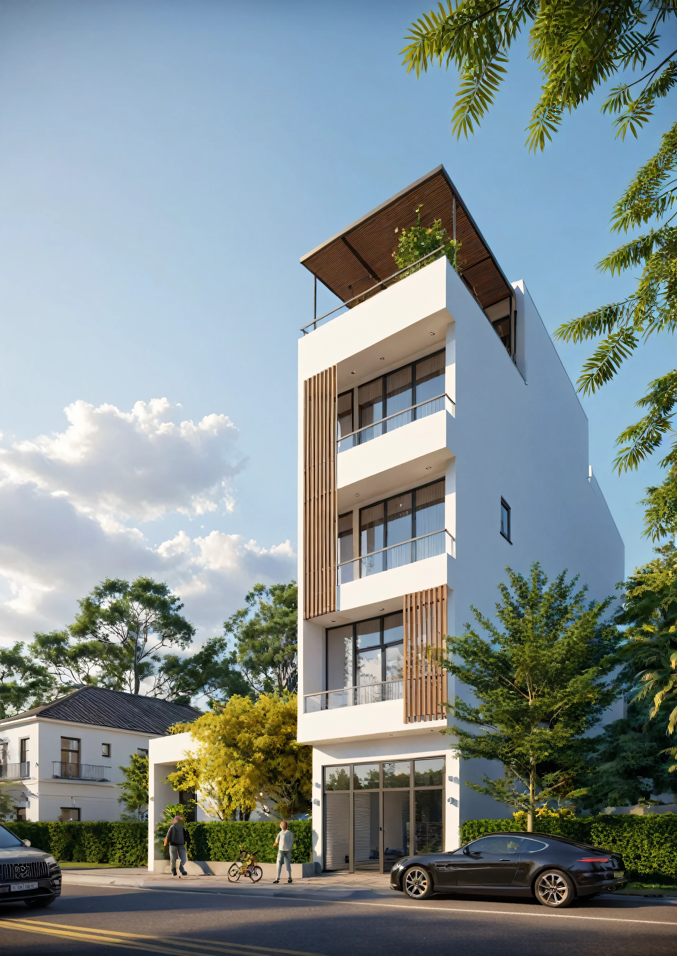 townhouse, Led light, spotlight out door, (modern style:1.2), (Open roof to see the sky), exterior design, perspective view, (open roof), Pavement, alphalt streets road, (next door neighbor's house), (dawn light sky background), Low trees around the house, overall peaceful atmosphere cinematic photo, hyperrealistic artï¼professional, 8k, highly detailed ï¼, (architectural design visualization), (reflection), (focus on object), (material normal bump real reflection), (scattered light), (hidden light) (light ray), (multi-beam light), (sunbeam) (multi-level reflection), (corona software visualization render:1.2),(((Best Quality))), ((Masterpiece)), ((best illustration)), ((best shadows)), ((Super Detail)), (Intricate lines), (Photorealism),(hyper detail), ((archdaily)), ((award winning design)), (dynamic light), ((day)), (perfect light), (shimering light), ((photorealistic)), ((intricate detail)), ((extreme detail)), ((science)), ((hyper-detail)), ((super detail)), ((super realistic)), ((crazy detail)), ((octane render)), ((Cinematic)), ((trending on artstation)), ((High-fidelity)), ((Viwvid)), ((Crisp)), ((Bright)), ((Stunning)), ((Eye-catching)), ((High-quality)),((Sharp))((Bright)), ((Stunning)), Natural, ((Eye-catching)), ((Illuminating)), ((Flawless)), ((High-quality)),((Sharp edge render)), ((medium soft lighting)), ((photographic render)), ((detailed archviz))