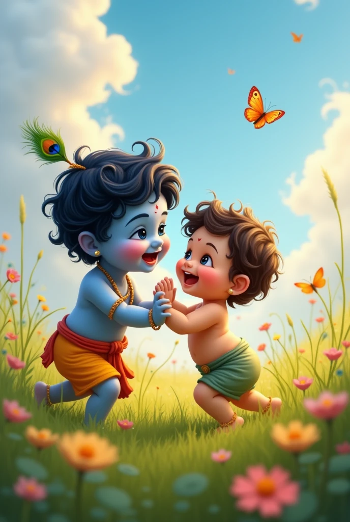 Cute chubby child playing with lord krishna