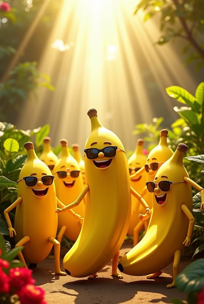 Happy banana man looking with smile to the deference types of fellow banana man that surrounding him like a god shinning fro the sky