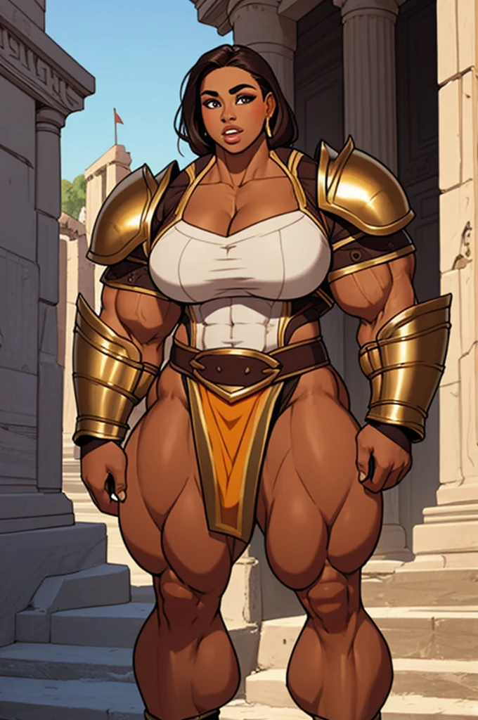 SFW close up, young girl, amazon warrior protecting a kid, in an ancient greek-like city, chest armor huge breastplate, huge thick pecs, young, s, muscular, athletic, buff, attractive, curvy, powerful, bulky, incase, super tanned, dark bronzed skin, extremely huge thighs, hypermuscular legs, extremely pumped up quad muscles, wearing armor, ectorals, large pectorals, flat chest,, looking in complete adoration, parted lips, exaggeratedly thick thighs, narrow waist
