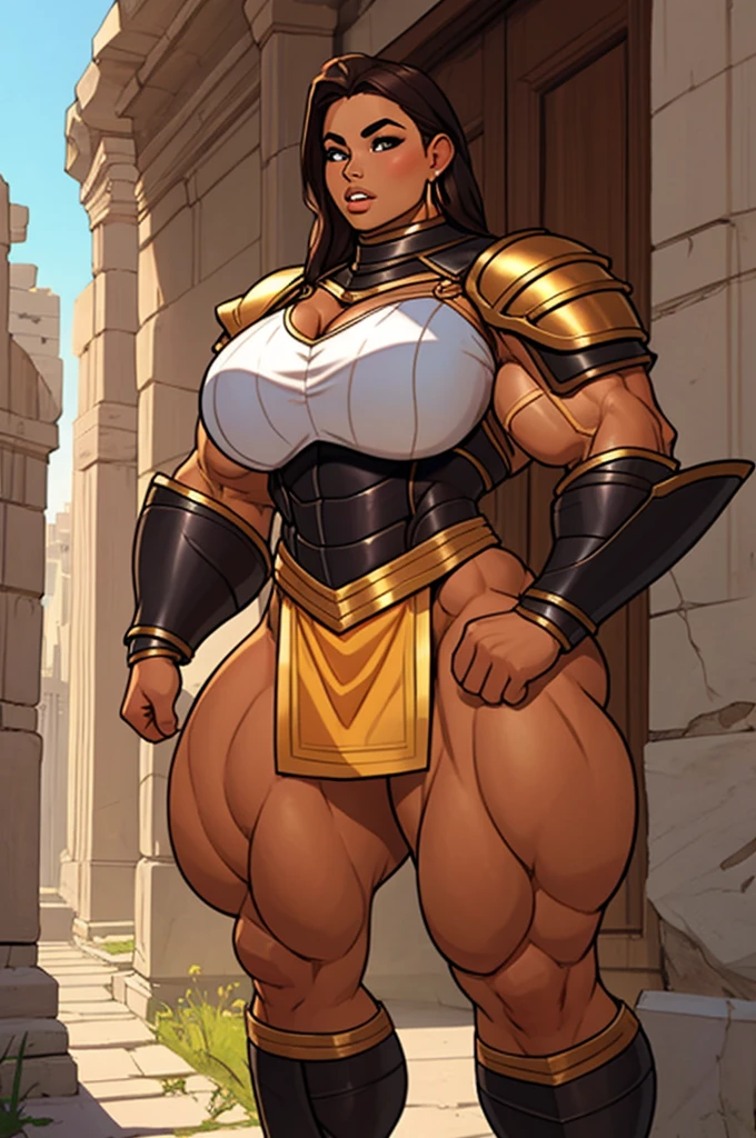 SFW close up, young girl, amazon warrior protecting a kid, in an ancient greek-like city, chest armor huge breastplate, huge thick pecs, young, teens, muscular, athletic, buff, attractive, curvy, powerful, bulky, incase, super tanned, dark bronzed skin, extremely huge thighs, hypermuscular legs, extremely pumped up quad muscles, wearing armor, ectorals, large pectorals, flat chest,, looking in complete adoration, parted lips, exaggeratedly thick thighs, narrow waist