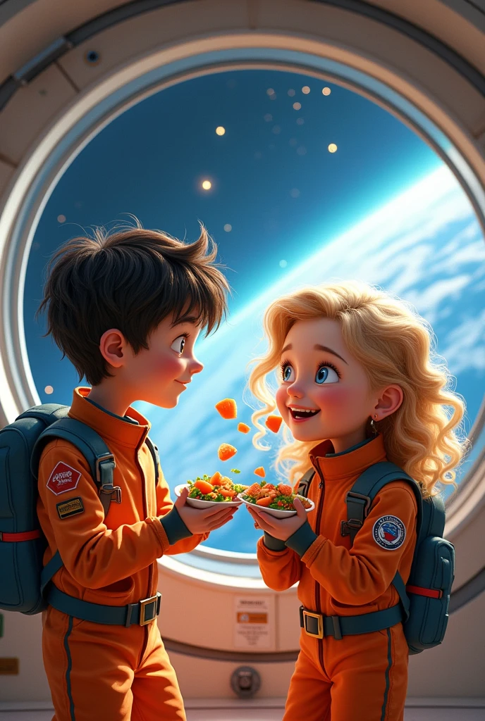 There is a boy and a girl are eating papaya salad on space station together with joygul