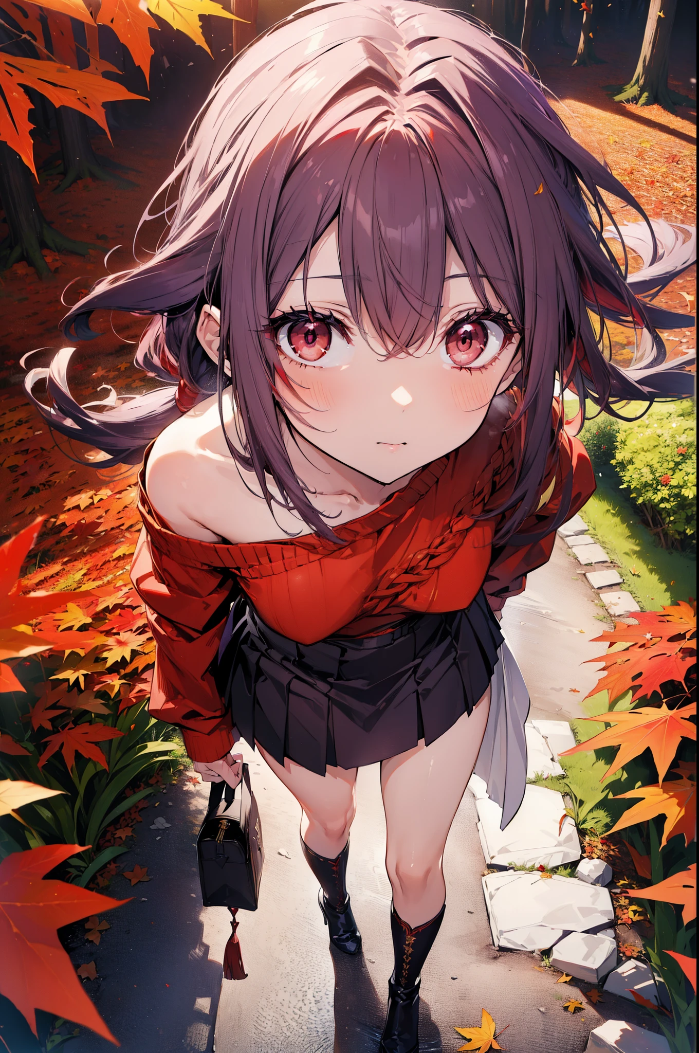 yuukikonno, Yuuki Konno, hair band, Long Hair, Pointed Ears, Purple Hair, (Red eyes:1.5), (Small breasts:1.2), smile,blush,Close your mouth,Purple one-shoulder sweater,mini skirt,White tights,short boots,Walking,autumn leaves,autumn leaves,scattered,autumn leavesが積もっている,Autumn sky,whole bodyがイラストに入るように,
break looking at viewer, whole body,
break outdoors, garden,forest, nature,
break (masterpiece:1.2), Highest quality, High resolution, unity 8k wallpaper, (figure:0.8), (Beautiful attention to detail:1.6), Highly detailed face, Perfect lighting, Highly detailed CG, (Perfect hands, Perfect Anatomy),