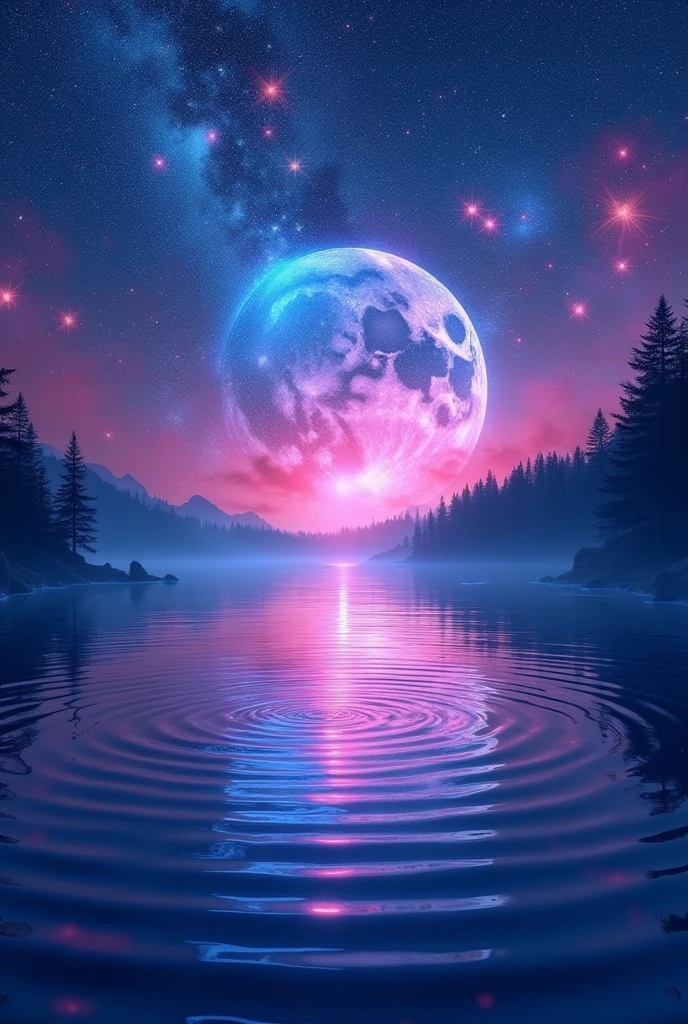 space view from water neon stars and neon moon half out of water