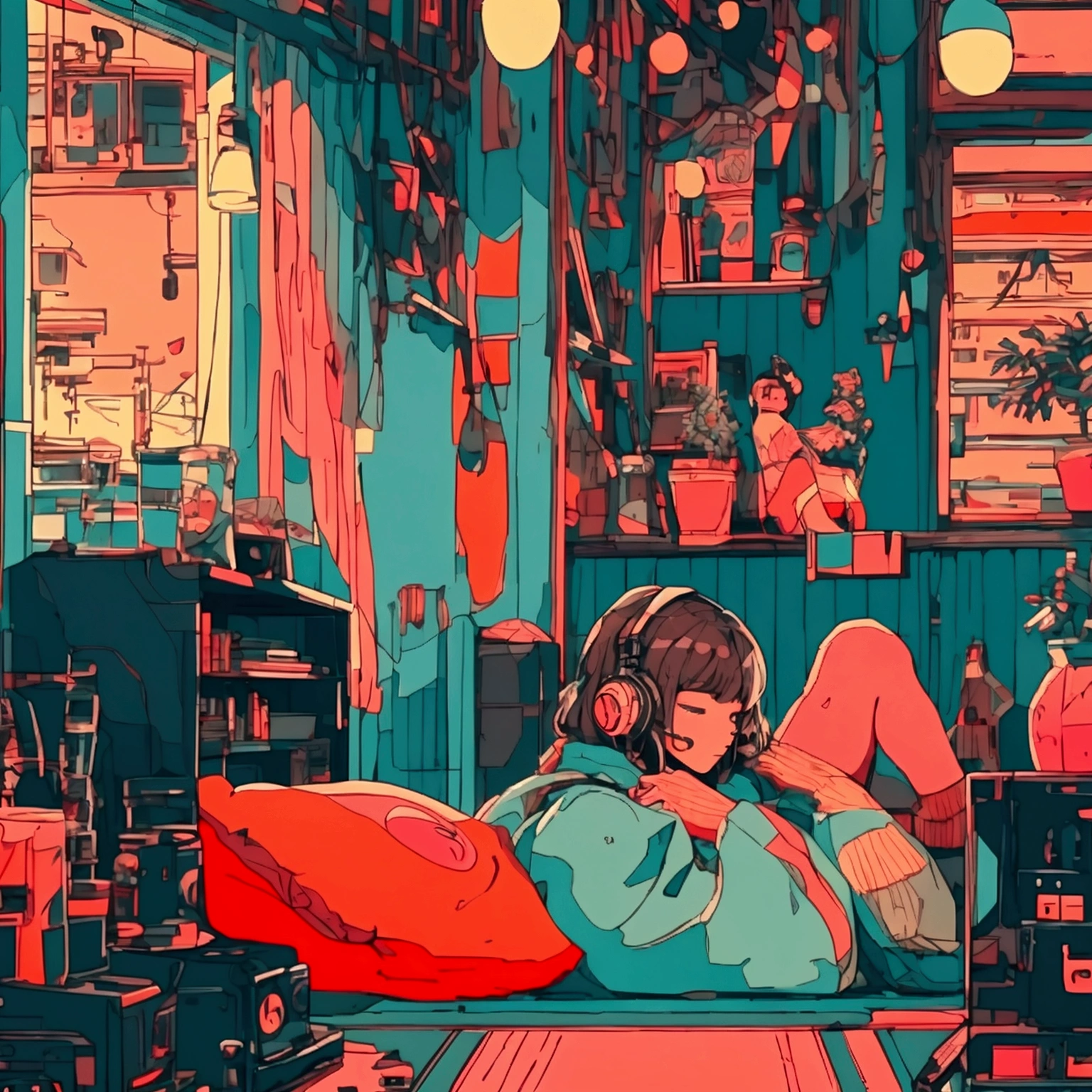 "Create a cozy, nostalgic scene in a city at sunset with red and orange hues, featuring a lo-fi girl with short dark hair, wearing light teal-colored clothes and large headphones. She is lying down and resting her head on a desk, appearing to have fallen asleep. Near her are a vintage turntable and vinyl records. The atmosphere is relaxed and peaceful, with muted colors and a slightly retro aesthetic. In the background, include old-fashioned audio equipment like a radio and a coffee cup to enhance the vintage vibe."