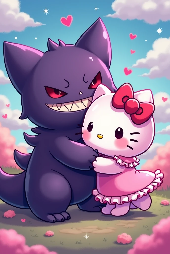 Evil Gengar and Pink Hello Kitty, with clothes, lovers, 2d