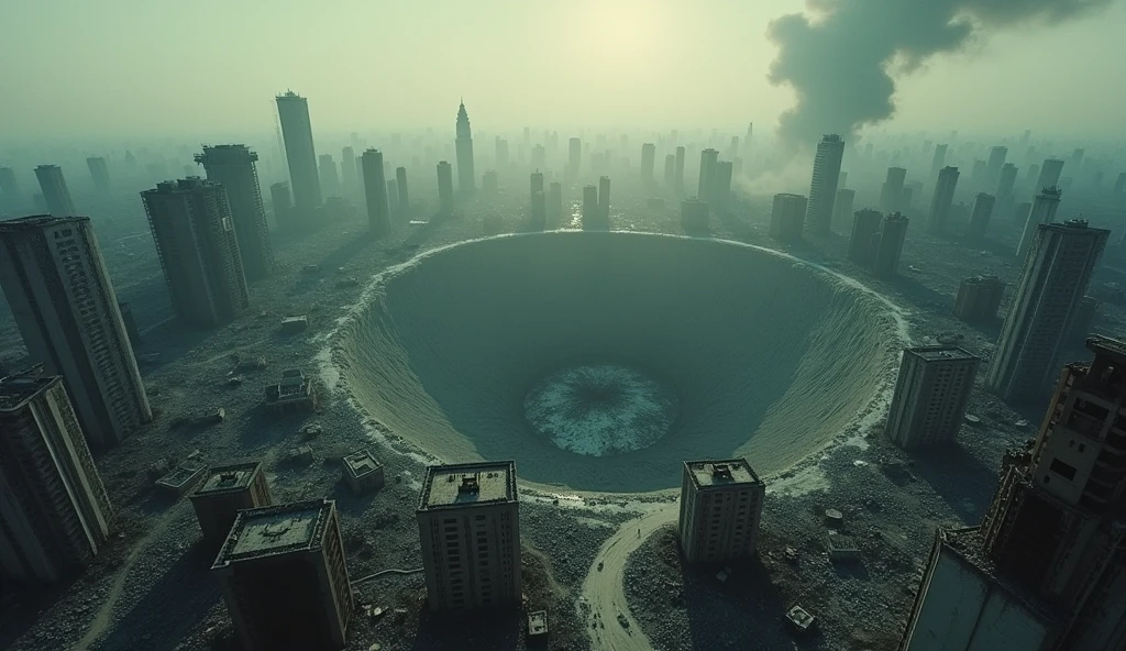 Aerial view of a ruined city after a nuclear blast, destroyed buildings, rubbles, big crater because of nuclear blast, low contrast, desaturated, cinematic