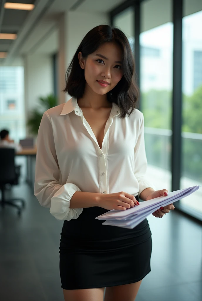 A 35 years old beautiful indonesian woman with big breasts, chubby body, bob cut hair style, wear sheer and tight white shirt with opened button, black mini skirt, sexy sensual and seductive expression and pose, holding some document, in the office, realistic photography, natural light, look at the viewer, 