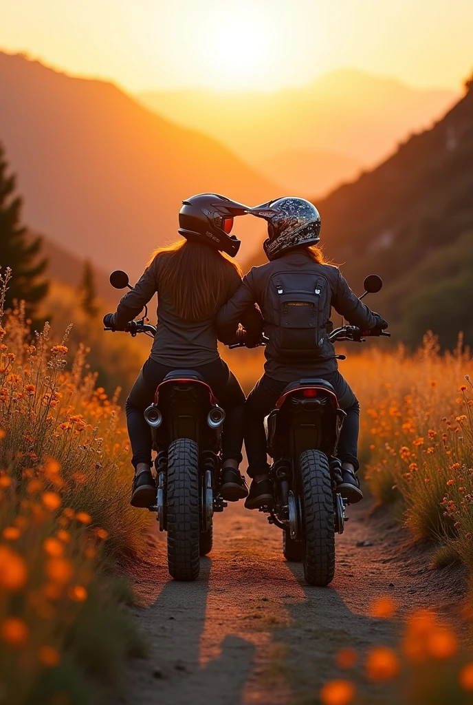 High quality photos of a couple in love, one each on an enduro motorcycle, backwards 