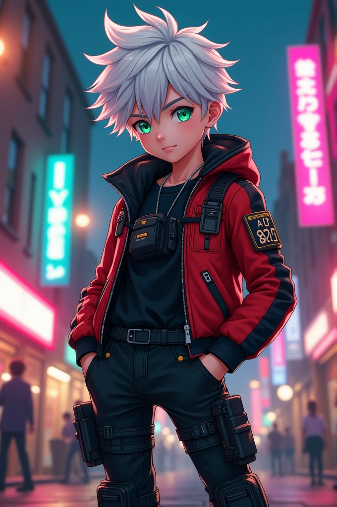 An anime style boy with white skin, green eyes, white hair, red and black jacket, black tactical pants, military boots and gloves