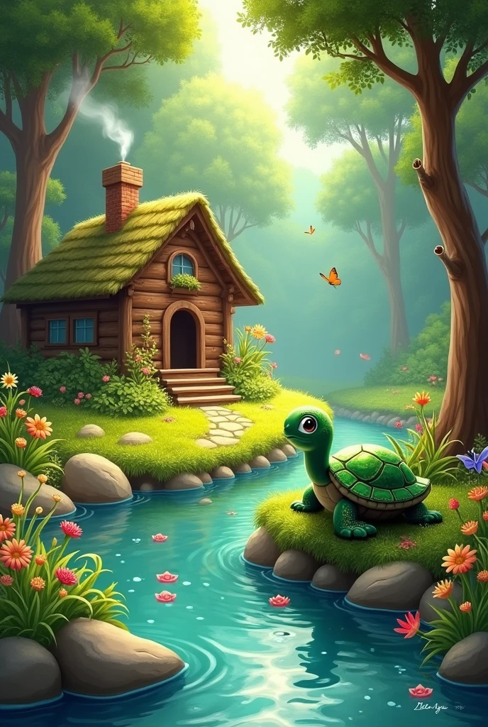 A small turtle that lives in a beautiful forest with river, hut for a children's book