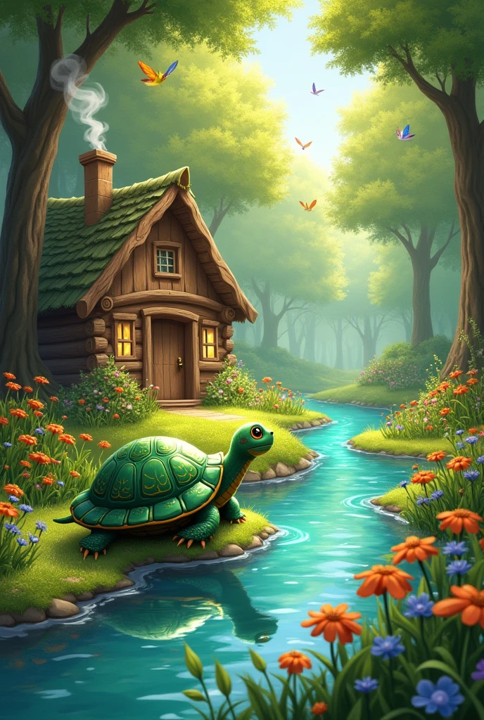 A small turtle that lives in a beautiful forest with river, hut for a children's book