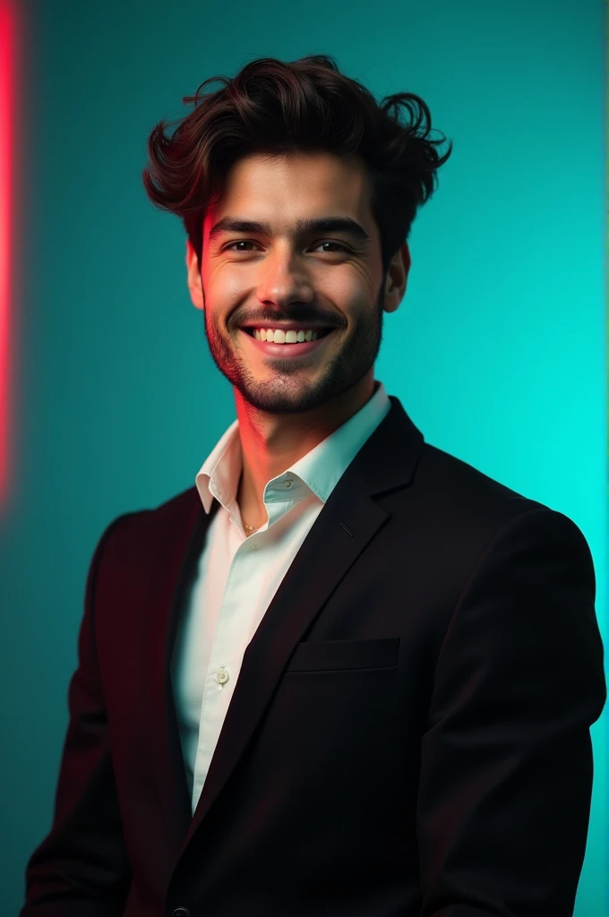 
A young man with dark hair and a confident smile. He is dressed in a black blazer over a white sh The man is positioned against aqua colour backarop with a subtle red lighting on the left side. 5.6K
and he posing for LinkedIn profile