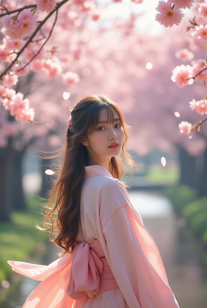 A person with cherry blossoms falling from their head