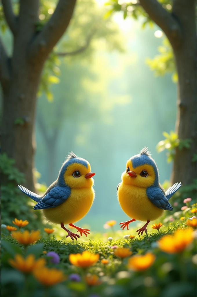 Two flying little cute bird as an animated 3D and a forest background