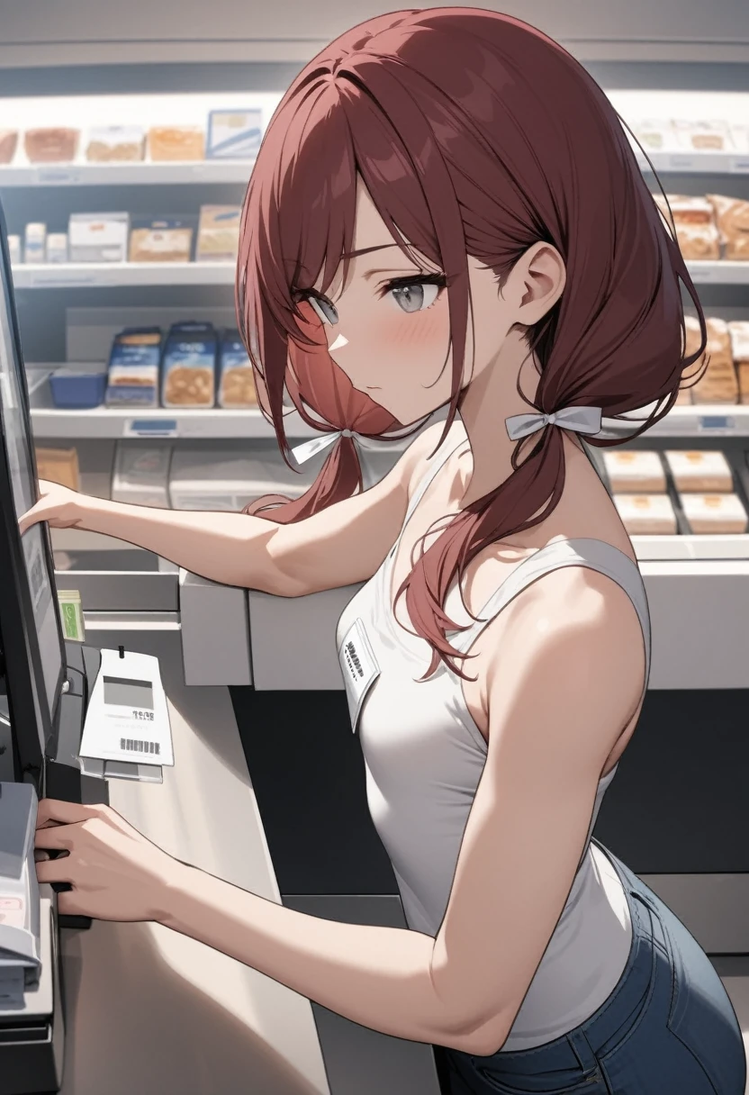 Masterpiece, highres, high Quality, detailed face, over-the-shoulder shot, solo, working behind counter, Gray eyes, dark red hair, swept bangs, low twin tails, white ribbons, white strapless shirt, nametag, jeans, small breasts, toned arms, cashier, closed mouth, convenience store, counter,