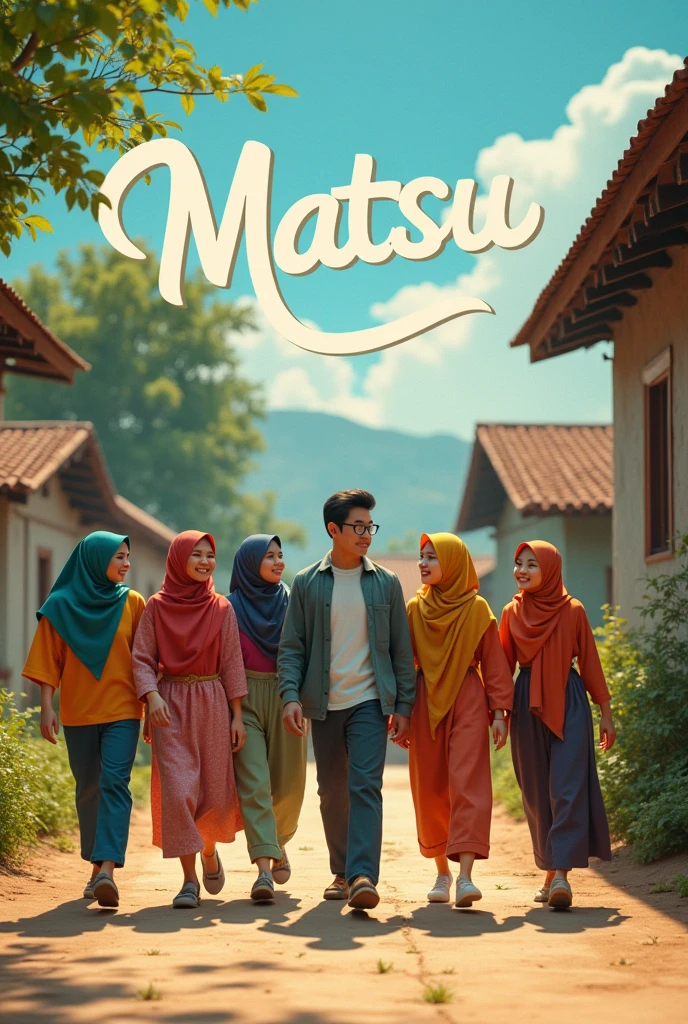 the title of the film is written aesthetically "matsu" with the correct spelling on the front, togetherness, very high quality photo, a happy scene, a man wearing glasses from Indonesia, 3 men from Indonesia, 3 women wearing hijabs and 1 woman with long hair wearing a hoodie, walking around chatting in the corner of the village, full body, realistic, cool and complicated visual effects, looks real and perfect, UHD 64K, very sweet