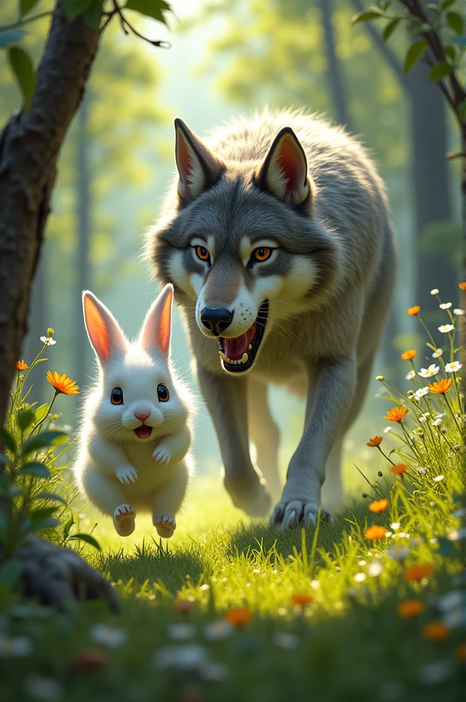 The rabbit runs away from the wolf.