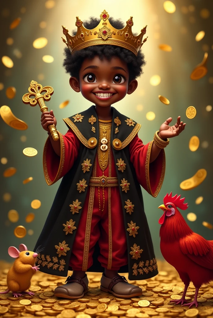 Holy Elegua, black boy , short black hair approximately , standing, smiling, In one hand he holds a key and in the other he has gold coins. that is dropping to the ground, with a golden crown and a king&#39;s robe in red and black embroidered in gold. Next to his right foot a golden mouse and next to his left foot a red rooster, full body.