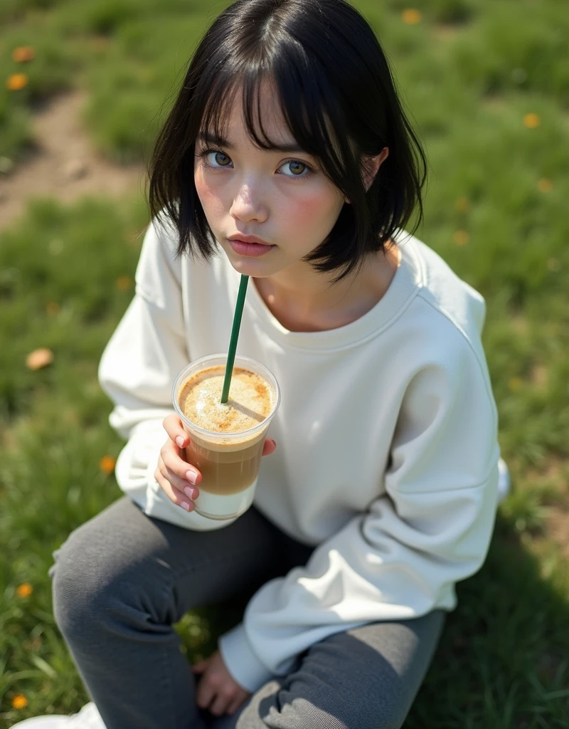 (RAW photo, best quality, masterpiece: 1.2), (photorealistic: 2), (Polish girl, 20 years old, black hair, Light grey eyes, short bob cut, hair in 7 thirds, hair over one ear, Symmetrical eyes, solo, Detailed Skin:1.1), White oversized sweatshirt, dark grey pants, white sneakers, sitting Indian style on the grass, drinking cafe latte from a clear cup with a green straw, angled from above, looking up, sunny