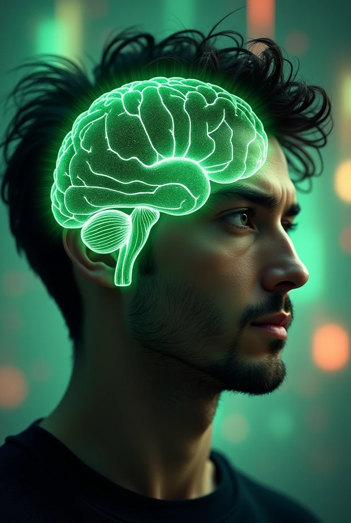 Make a picture of men head with green transparent brain
