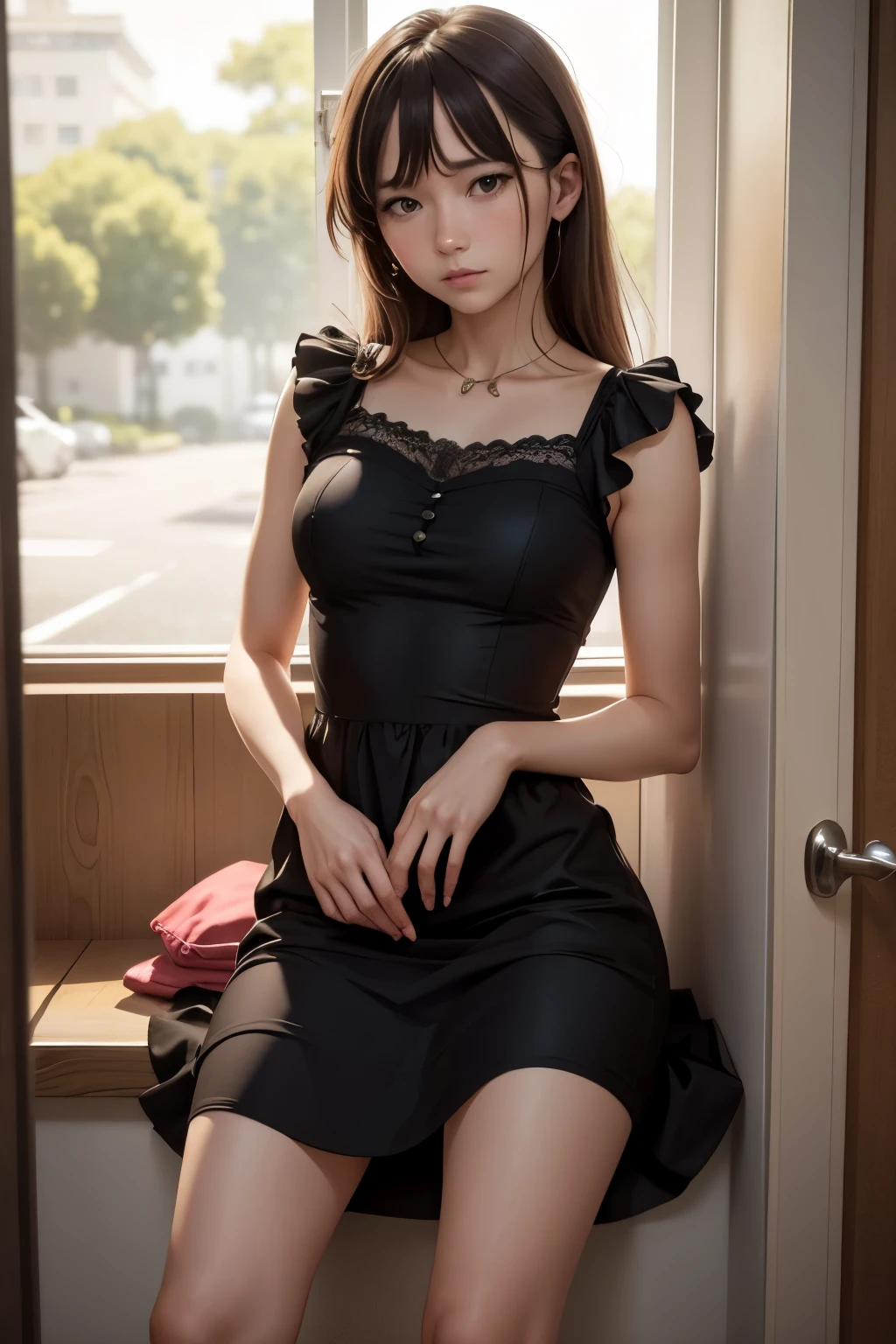 Waiting for misstress to come home, wearing short dress and nervous expression 