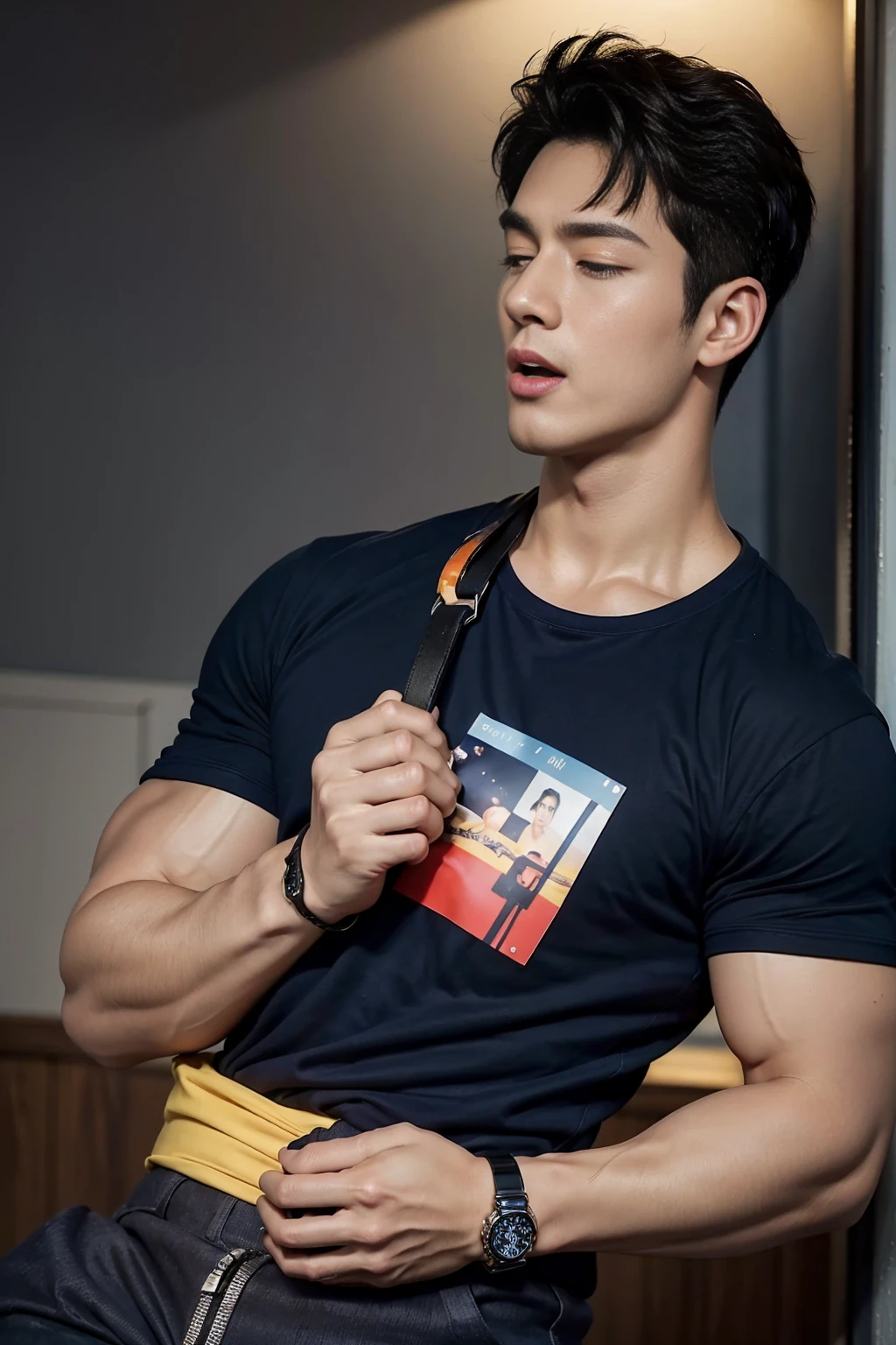 (Create a masterpiece: 1.2),(CGI art:1.3),(realistic:1.5),(After processing:1.3), (Sharp focus:1.3), 1 man, open mouth, smile, (Navy blue round neck t-shirt:1.3), Navy cargo pants, Korean guy , korean men, (High gloss details), chest muscles, large arm muscles, blood vessel, Big muscles, Broad shoulders, looking at the audience, Balancing the eyes, bedroom, Close your eyes.,(open mouth:1.1)，A sexy and charming watch，Color-narrowed，Holding a masturbation cup in hand