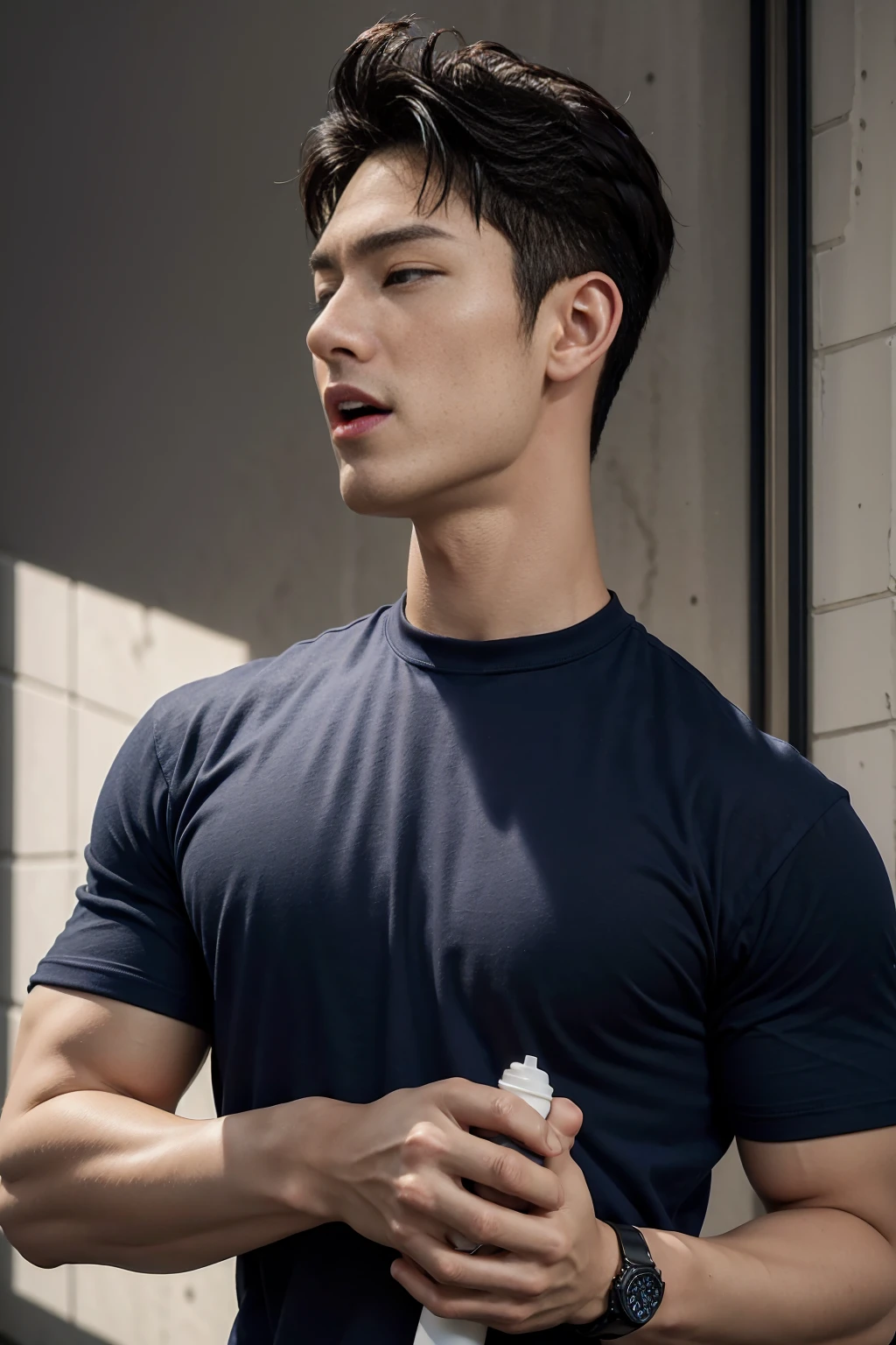 (Create a masterpiece: 1.2),(CGI art:1.3),(realistic:1.5),(After processing:1.3), (Sharp focus:1.3), 1 man, open mouth, smile, (Navy blue round neck t-shirt:1.3), Navy cargo pants, Korean guy , korean men, (High gloss details), chest muscles, large arm muscles, blood vessel, Big muscles, Broad shoulders, looking at the audience, Balancing the eyes, bedroom, Close your eyes.,(open mouth:1.1),A sexy and charming watch,Color-narrowed,Holding a masturbation cup in hand