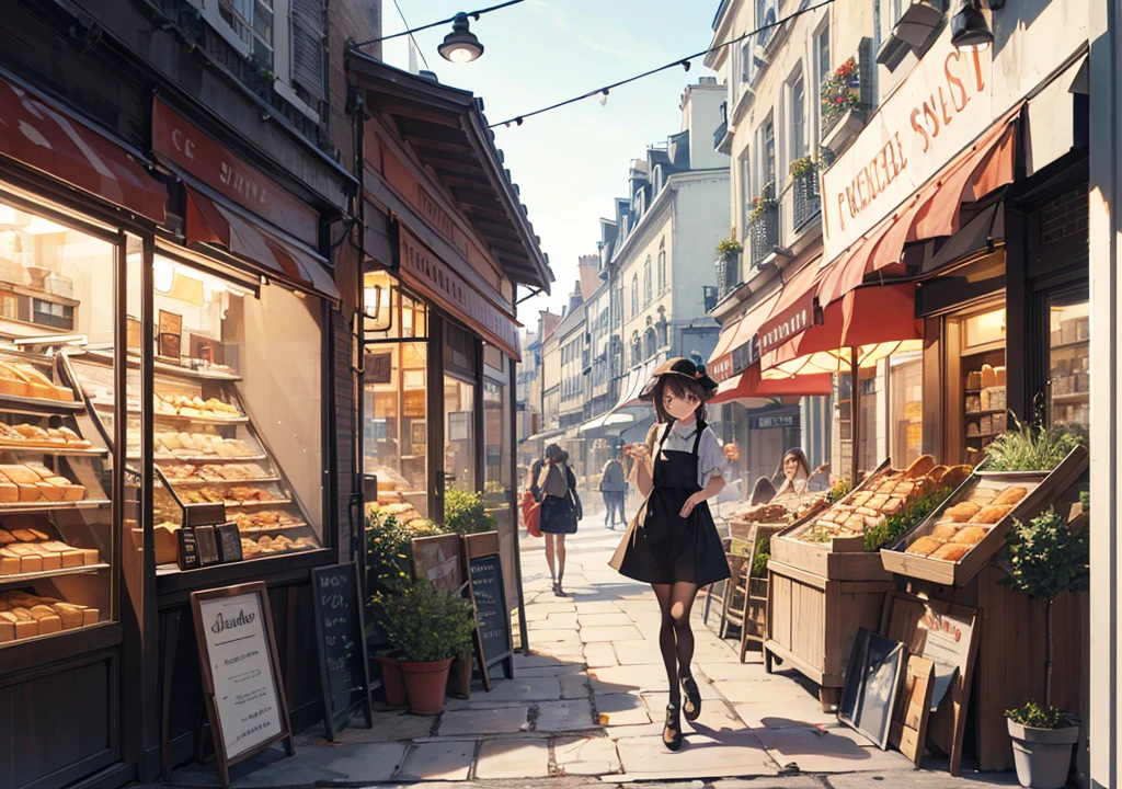 Realistic photos, Focus distance 10mm, Red and white, Beautiful girl, Realistic photos, Shooting at focus distance 10mm, masterpiece, 最high quality, high quality, Very detailed CG 8k wallpaper unit, Award-winning photography, Depth of written boundary, High resolution, bloom, chromatic aberration, Realistic, Very detailed, Art Station Trends, CGsociety Trends, Complex, High detail, dramatic, Art on the go, volumetric lighting, Traditional French boulangeries stand side by side on a street corner in Paris with Disney-style cobblestones. A beautiful girl in a classical apron dress works inside the shop, where delicious-looking croissants and baguettes can be seen through the glass windows. She arranges freshly baked bread on a tray and greets customers with a smile. The exterior of the boulangerie is decorated in warm Disney-style colors, and the street is filled with a romantic atmosphere unique to Paris. In the background, street lamps decorated with flowers and cafe terraces can be seen, creating a beautiful scene that is like a scene from a movie