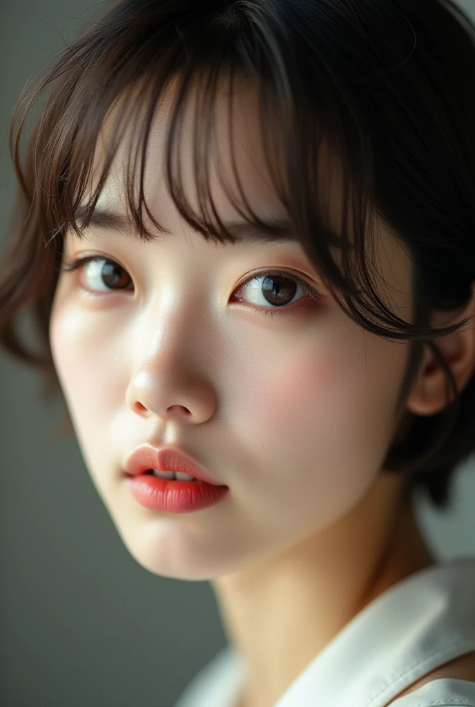 4K,Korean beauty without makeup、short hair、Close-up bright big eyes、model、Beautiful and obvious double eyelids、Pure realism、lens flare、Looking at the audience、Smooth skin、Uniforms、Intricate details、masterpiece、Top quality、Movie Lighting、high resolution、Delicate eyes、Detailed facial features,wears fashionable and simple clothes