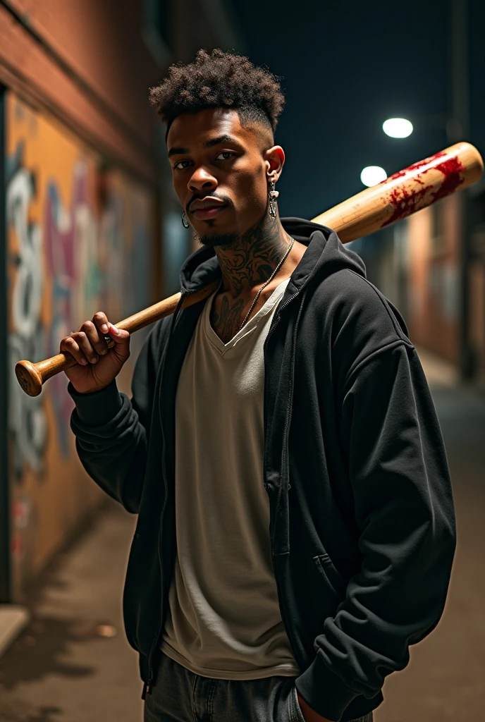 Man dark skin tone neck tattoo curly hair (3A) with cutting style "american court" (popular in brazil), with eyebrow piercing, men&#39;s earrings, with an open sweatshirt over a loose shirt and loose pants, psychopath smile, holding a bloody baseball bat over his shoulder